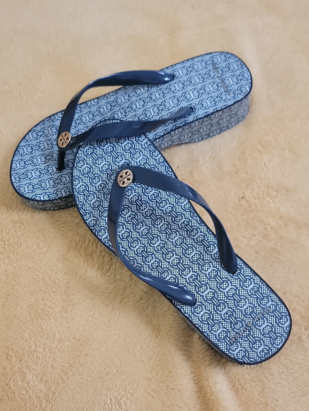Blue Patterned Platform Flip Flops - Women's Casual Sandals
